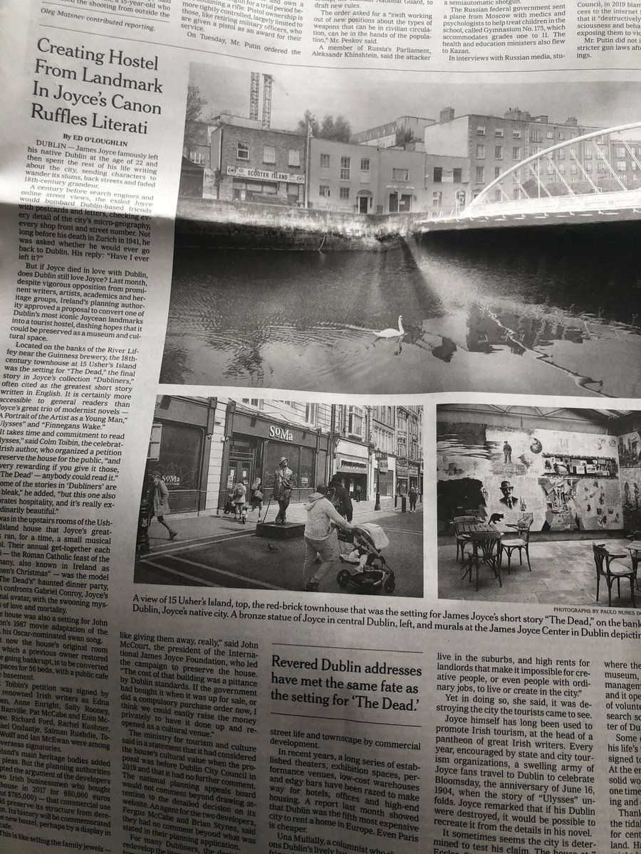 Suzanne Lynch (@suzannelynch1) on Twitter photo Article in today’s <a href="/nytimes/">The New York Times</a> about decision to allow 15 Usher’s Island - the setting for James Joyce’s The Dead” - to be converted into a hostel.
“But if Joyce died in love with Dublin, does Dublin still love Joyce?” Article in today’s <a href="/nytimes/">The New York Times</a> about decision to allow 15 Usher’s Island - the setting for James Joyce’s The Dead” - to be converted into a hostel.
“But if Joyce died in love with Dublin, does Dublin still love Joyce?”