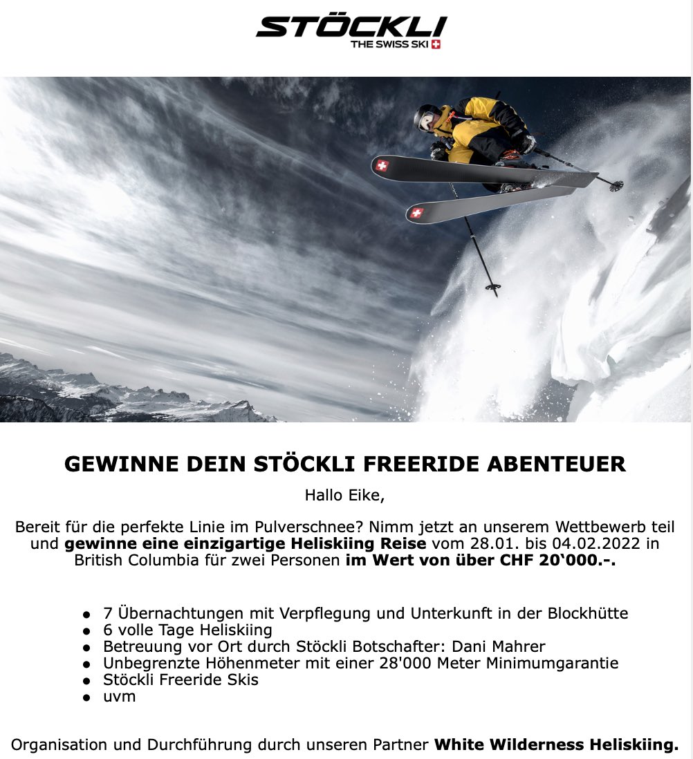 Eike_vL's tweet photo. Liebes #Stöckli #Ski Team, 
sicher, dass die #Heliskiing Reise in Zeiten von #GlobalWarming und #Klimaschutz ein richtiges Zeichen setzt?
Kleiner Tipp: "NEIN, wir spenden 20’000 CHF lieber dem Klimaschutz“ wäre sinnvoller &amp; freut eure KundInnen sicher auch mehr! 
#Nachhaltigkeit https://t.co/z8khTCT0mn