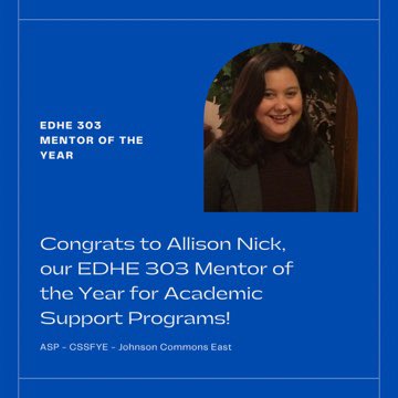 olemissasp's tweet image. We continue ASP Awards Week with Allison Nick, our EDHE 303 Mentor of the Year! Congrats, Allison! #AcademicSupport #CSSFYE #OleMiss #Mentor #EDHE303