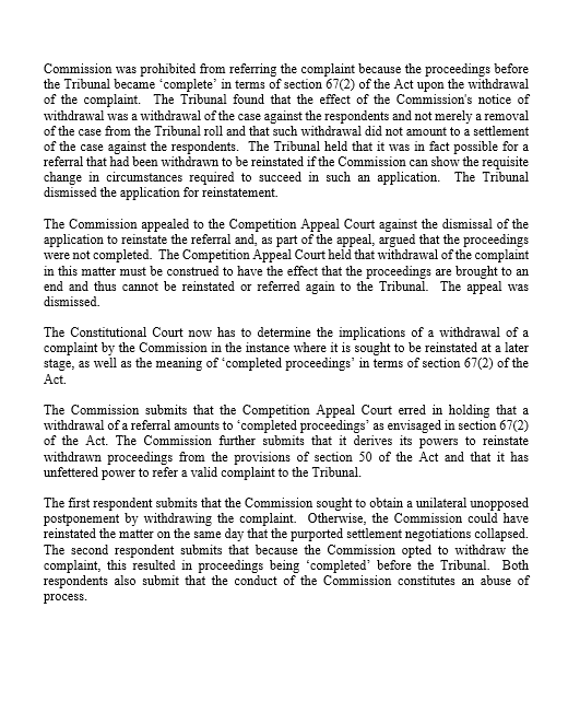 ConCourtSA's tweet photo. Judgment tomorrow at 10h00: Do proceedings in which a complaint was withdrawn constitute “completed proceedings” as contemplated in section 67(2) of the Competition Act 89 of 1998?  (Competition Commission v Beefcor Proprietary Limited and Another) https://t.co/OcOoKQuYUG