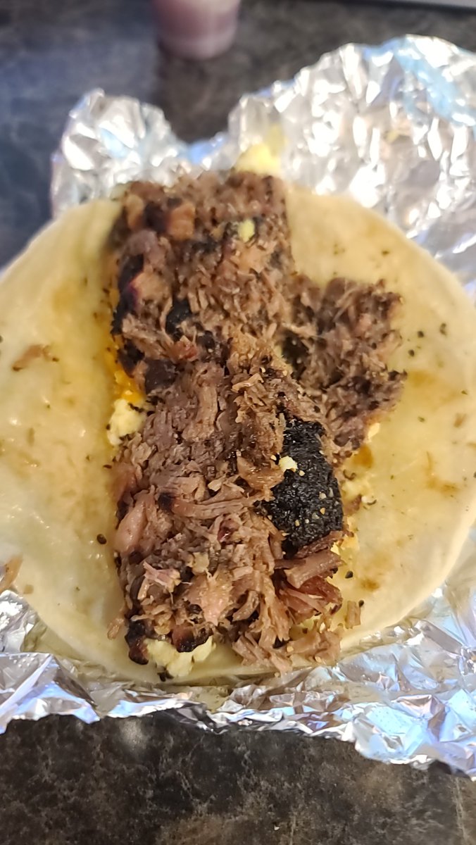 Cindeerose5's tweet photo. Brisket, egg and cheese taco on homemade tortilla y'all!!!! #texasbbq 
@derekallansbbq @TexasMonthly https://t.co/dwMVf2Te3V