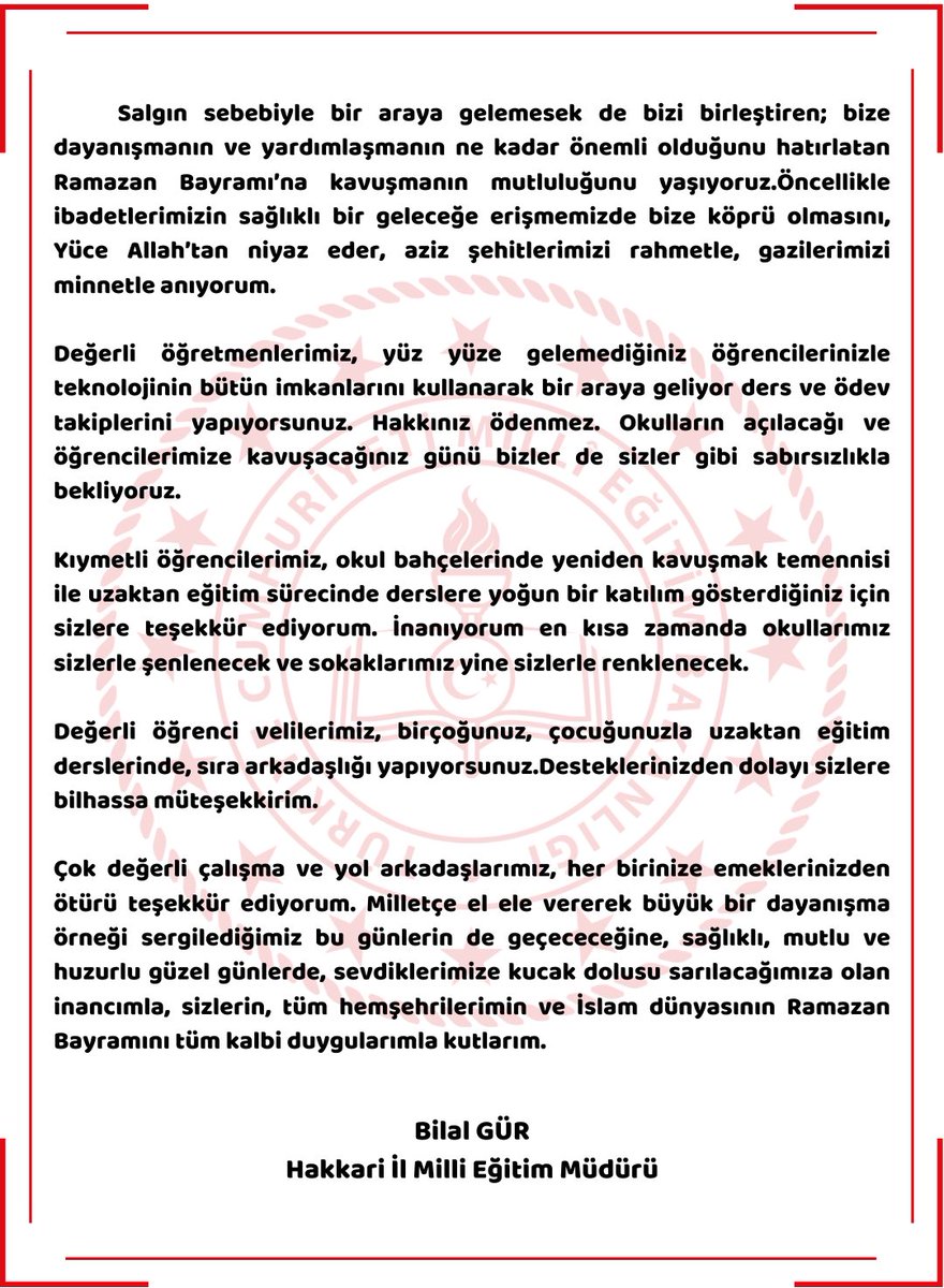 İl Milli Eğitim Müdürümüz Sayın Bilal GÜR’ün Ramazan Bayramı mesajı. 👇🏻

<a href="/tcmeb/">Millî Eğitim Bakanlığı</a> <a href="/ziyaselcuk/">Ziya Selçuk</a> <a href="/safran1958/">Mustafa SAFRAN</a> <a href="/omerinan06/">Ömer İNAN</a> <a href="/idrisakbiyik/">Dr. İdris AKBIYIK</a> <a href="/HakkariValiligi/">T.C. HAKKARİ VALİLİĞİ</a> <a href="/BilalGur30/">Bilal GÜR</a>