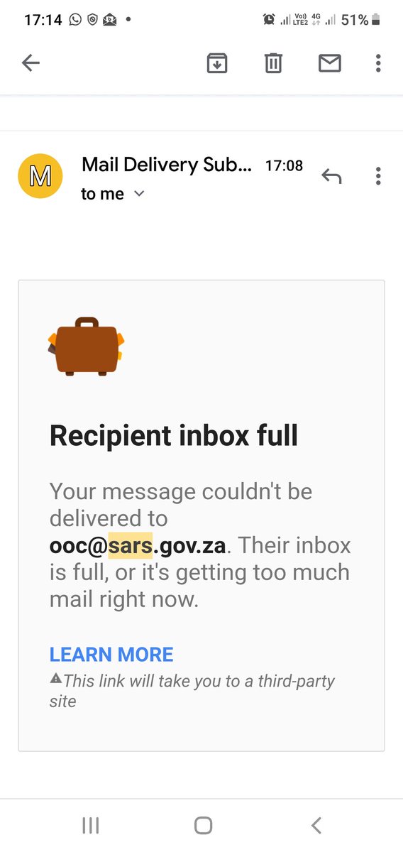 auds_kla's tweet photo. Good day Sir i have now tried sending 2 emails to ooc@sars.gov.za
NJaxa@sars.gov.za
NMbanga@sars.gov.za
All mailboxes are full..

My case is going on now for so long just feels like Sars do not want to assist at this point. https://t.co/gxSgyHMLPB