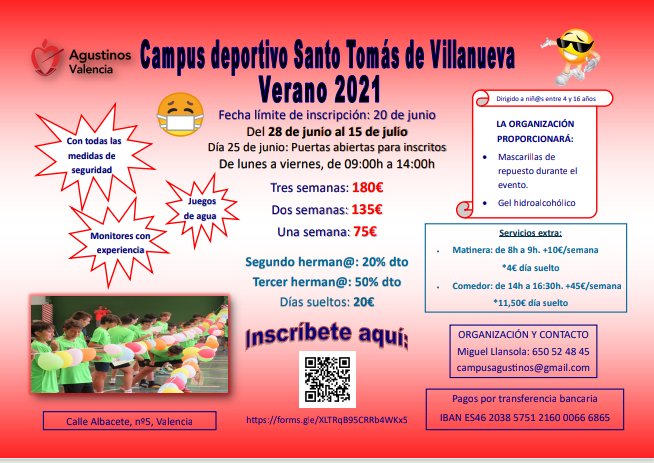 agustinosvlc1's tweet photo. Tras la ausencia del año pasado por la pandemia, vuelve el Campus deportivo Santo Tomás de Villanueva.
Para cualquier información de interés podéis poneros en contacto con @Miguellansola , ex alumno, entrenador de los equipos infantiles de fútbol sala y coordinador del Campus. https://t.co/zSTRx0bLyb