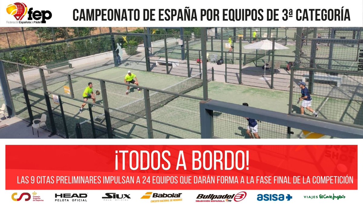 📣¡Todos a bordo!
🏆Campeonato de España por Equipos de 3ª
🟥Las 9 citas preliminares del pasado fin de semana impulsan a 24 equipos para disputar la última etapa de la competición a principios de junio.

📝Toda la info: bit.ly/3uNjU4I

#FEP #padel #CE3equipos