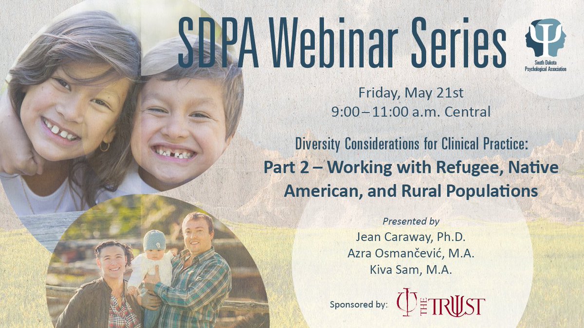 SDPsychological's tweet image. UPCOMING! SDPA webinar series continues with part 2 of Diversity Considerations for Clinical Practice. Register now! psysd.org/webinar/