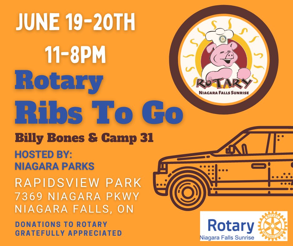 Niagara Falls Rotary Sunrise (@nfrotarysunrise) on Twitter photo Ribs to Go - Drive Thru - Father’s Day Weekend
Niagara Falls, Ontario
June 19th-20th
Support the Rotary Club of Niagara Falls Sunrise District 7090 and get some delicious ribs from <a href="/peaceloveribs/">Billy Bones BBQ</a> and <a href="/Camp31BBQ/">Camp 31 BBQ</a>
Payments accepted in cash, debit & credit.
#Ribfest
#Rotary Ribs to Go - Drive Thru - Father’s Day Weekend
Niagara Falls, Ontario
June 19th-20th
Support the Rotary Club of Niagara Falls Sunrise District 7090 and get some delicious ribs from <a href="/peaceloveribs/">Billy Bones BBQ</a> and <a href="/Camp31BBQ/">Camp 31 BBQ</a>
Payments accepted in cash, debit & credit.
#Ribfest
#Rotary