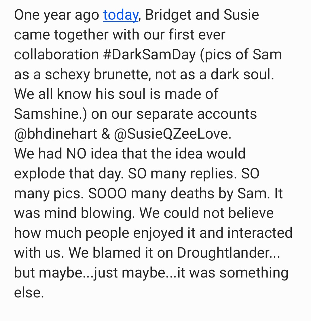 bridgetNsusie's tweet photo. Wow! A year ago today was our very first #DarkSamDay (read below!). 

So, let's see those yummy brunette Sam pics. Share as many as you want. In fact, share ALL the pics you can find below! And...maybe tune in to our next post to find why! 😉😊🥰

#TheBridgetLisaNSusieShow https://t.co/TjqGcLXyeY