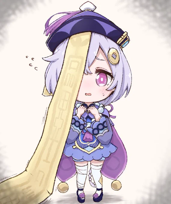 なぜか額のお札が巨大化してしまい困惑してる七七ちゃん
 #原神 