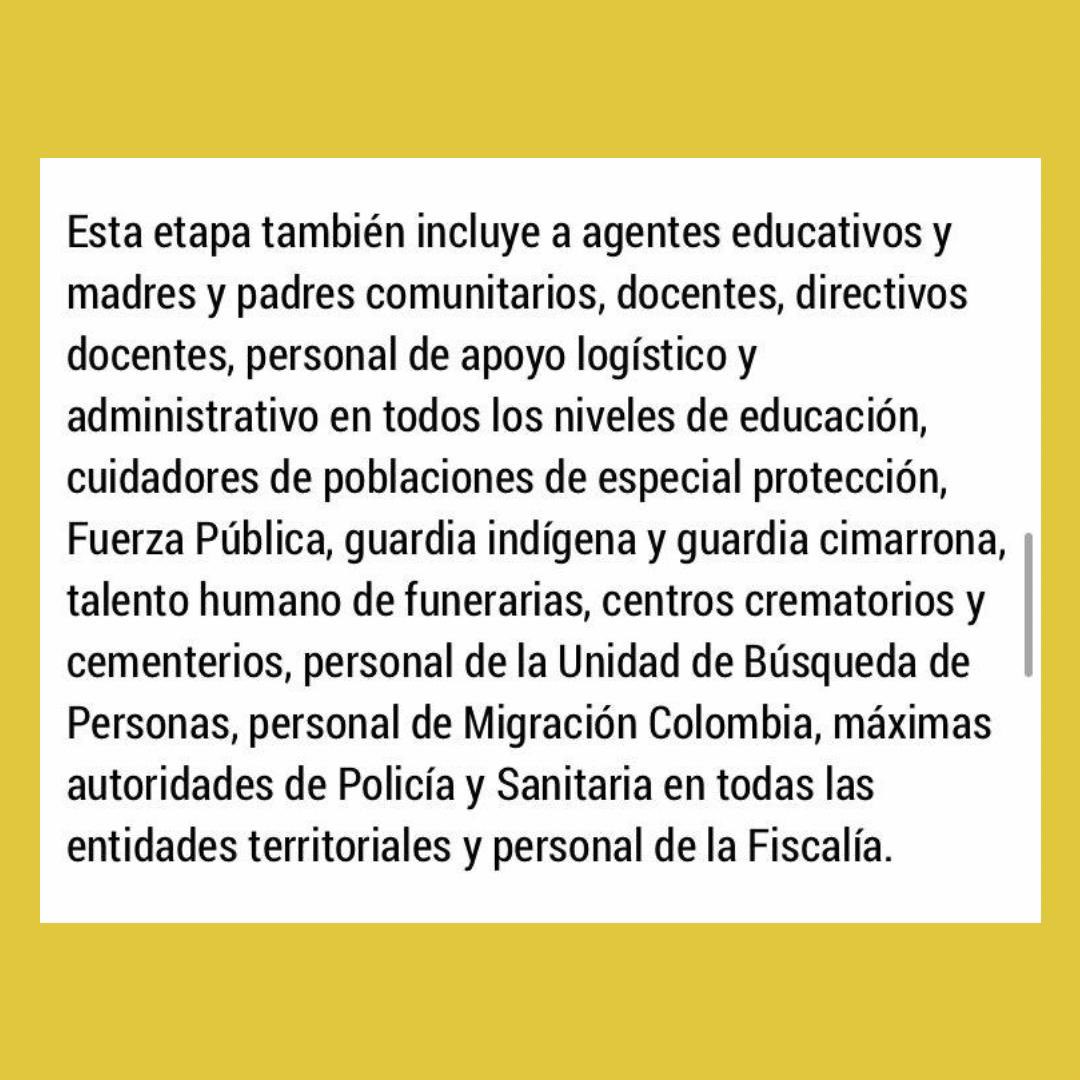 desde hoy se inicia la tercera etapa del Plan Nacional de Vacunación contra el COVID-19. Esta etapa incluye a personas entre los 50 a 59 años, personas con ciertas comorbilidades y a ciertas profesiones y oficios. 

actualicen su datos en sus EPS y  registrense en Mi Vacuna.