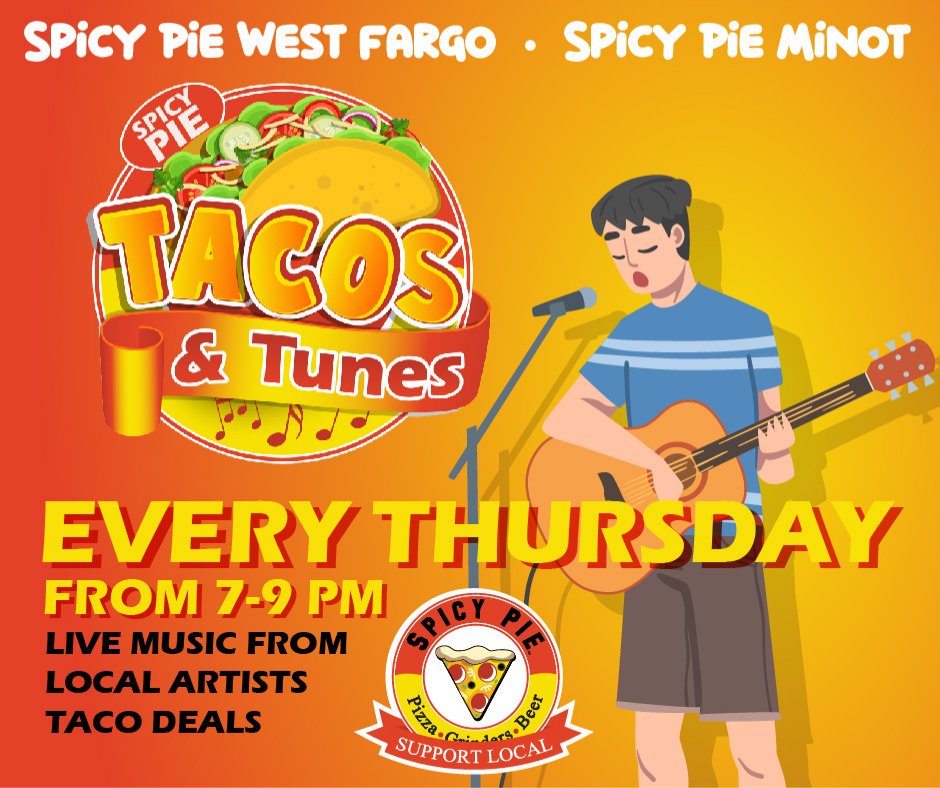 VisitMinot's tweet image. Tacos and Tunes is starting up this month! 🌮 🎶 Spicy Pie Pizza ND hosts local artists to perform on their beautiful outdoor patio. ☀️ 

Enjoy a nice dinner, entertainment, and the summer sunshine while you are visiting the Magic City! 🍕

visitminot.org/events