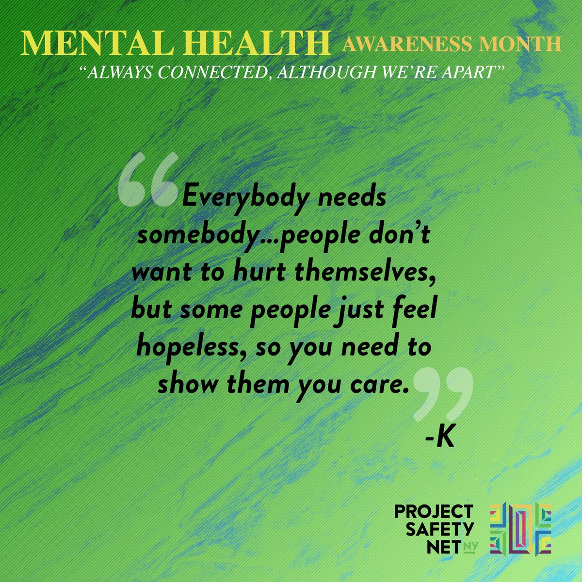 PSN_NY's tweet photo. May is Mental Health Awareness Month Check our https://t.co/L99FypThVF to hear K's story!

#AlwaysConnectedAlthoughWereApart #MentalHealthAwareness #MentalHealth #Motivation #NAMI #NotAlone #LongIslandTogether #PSNNY #ProjectSafetyNetNY https://t.co/Mg6B5EwUEw