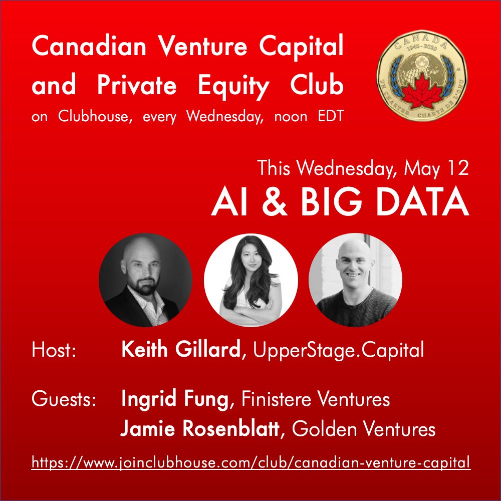 TODAY at noon EDT on the Canadian #VentureCapital &amp; #PrivateEquity Club on <a href="/joinClubhouseTH/">joinClubhouseTH</a> : #AI, #MachineLearning &amp; #BigData with <a href="/Ingrid_Fung/">Ingrid Fung</a> of <a href="/FinistereAg/">Finistere Ventures</a>  &amp; <a href="/JamieRosenblatt/">Jamie Rosenblatt</a> of <a href="/GoldenVentures/">Golden Ventures</a>.   joinclubhouse.com/join/canadian-…