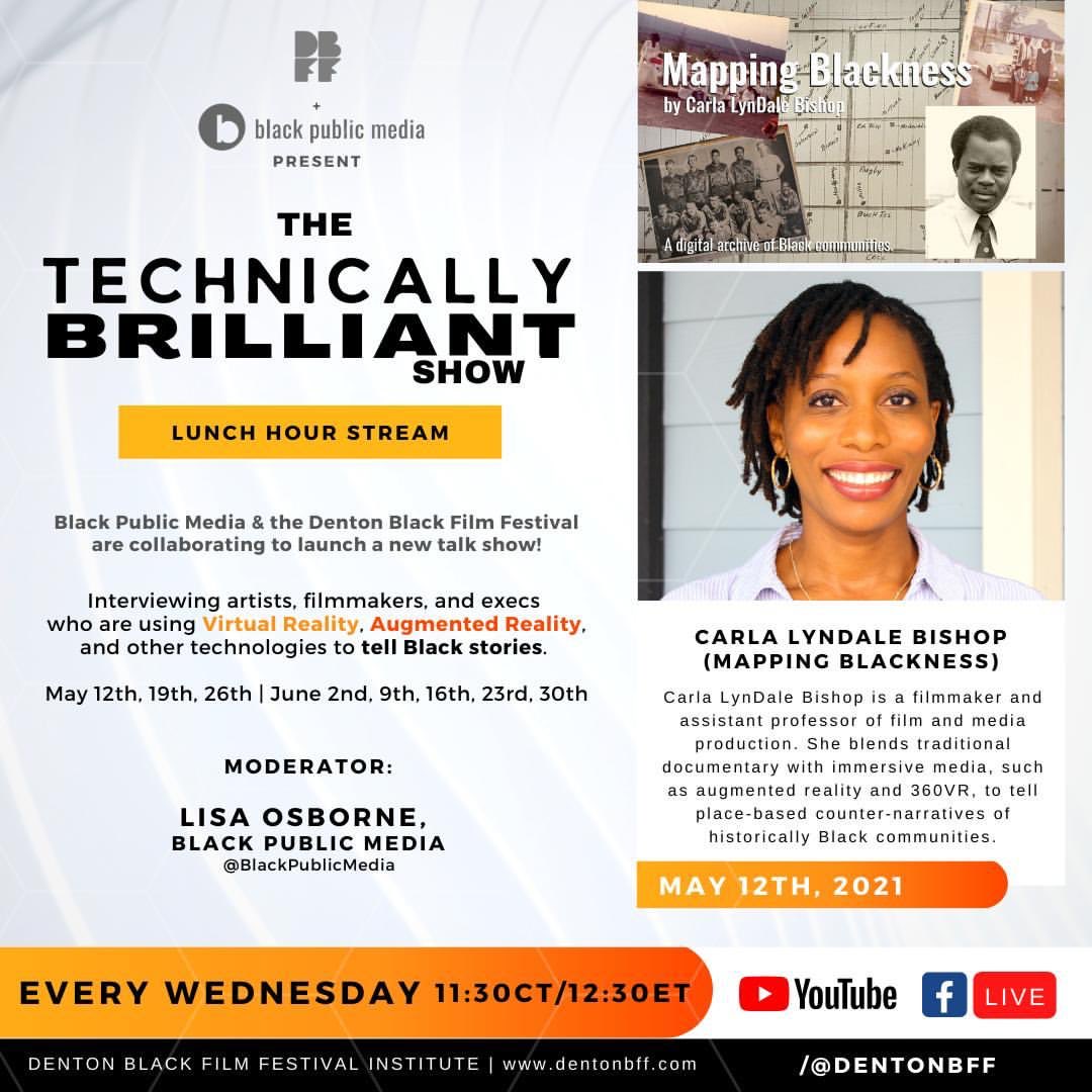 BLKPublicMedia's tweet photo. Join @BLKPublicMedia &amp; @DentonBFF today at 12:30pm ET for the 1st episode of The #TechnicallyBrilliantShow! 🙌🏿 Carla LynDale Bishop @carlalyndale will be telling us about her project, #MappingBlackness. Which uses #ArcGIS and #AR to document Black towns. https://t.co/IUcQcB8pVp https://t.co/STJUN52vPZ