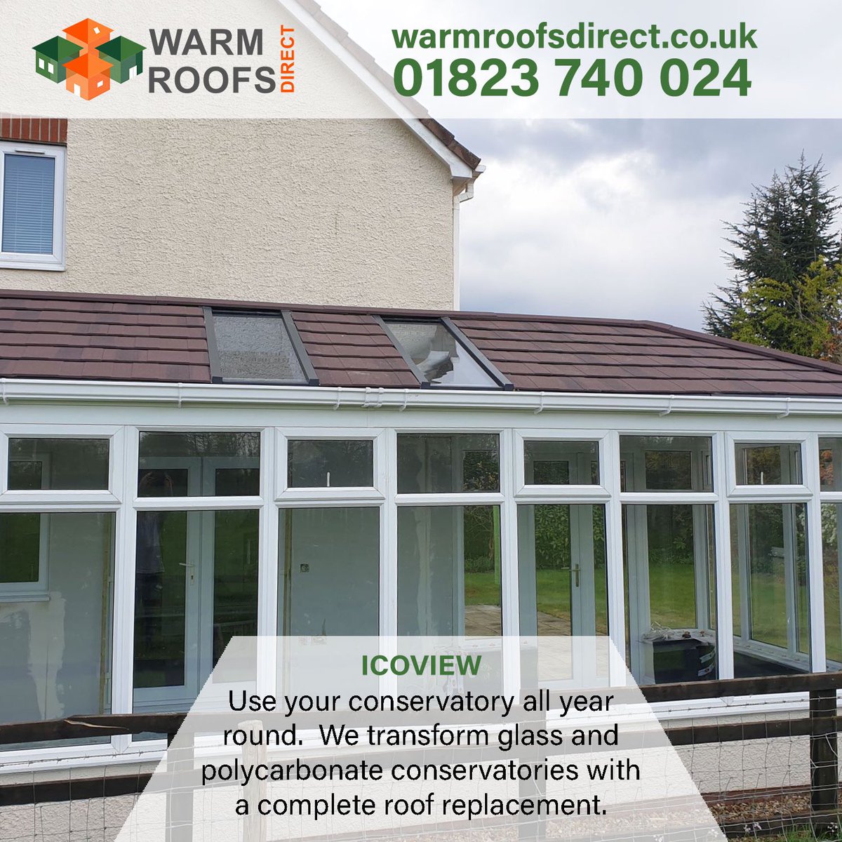 Use your conservatory all year round. We transform glass and polycarbonate conservatories with a complete roof replacement.

warmroofsdirect.co.uk 
Email us info@warmroofsdirect.co.uk or call us 01823 740 024