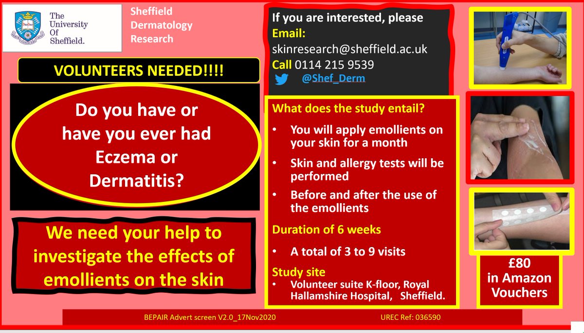Shef_Derm's tweet photo. **Study now recruiting**

Would you like to help us with our #skin research on the #barrier strengthening properties of #emollients in relation to #allergy risk? @sheffieldUni
 @ShefUni_IICD

#dermtwitter https://t.co/ZQWZ2zXDZz