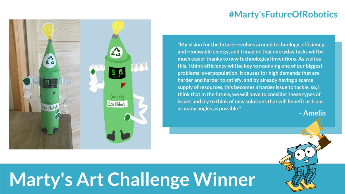 RoboticalLtd's tweet image. 📢 WINNER ANNOUNCEMENT 📢

Congratulations Amelia from @DalzielBus_Com for winning our #MartysFutureOfRobotics art challenge collab with @Amaze_Lab!

Marty was blown away by your incredible Eco Robot design and prototype and your vision for a sustainable future!👏🤖