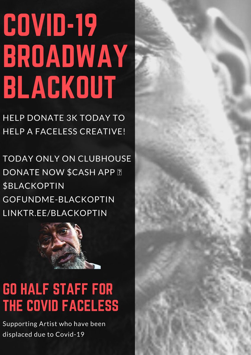 We are going #HALFSTAFF for the #COVID19 Faceless Broadway 🎭 Creatives who has been displaced and have no resources. We are raising 3K TODAY to help someone TODAY have relief.  Tapin! joinclubhouse.com/event/xnK0yeQQ