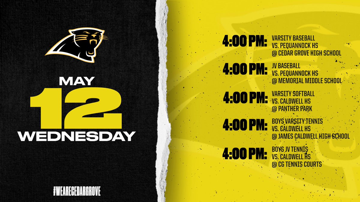 🚨GAMEDAY🚨
⚾️ vs. Pequannock - 4pm
🥎 vs. Caldwell- 4pm
Boys 🎾 @ Caldwell - 4pm
#LetsGoPanthers