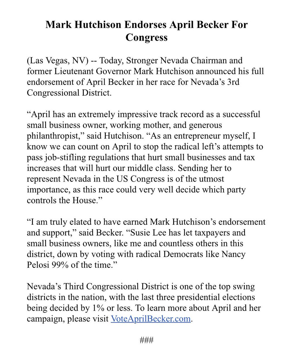 VoteAprilBecker's tweet image. Stronger Nevada Chairman and former Lieutenant Governor @Hutch4Nevada announced his endorsement of my campaign today, and I couldn’t be more thankful.