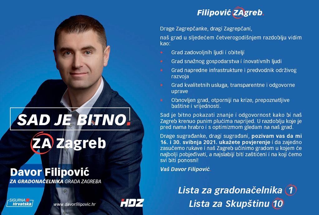 Drage Zagrepčanke i Zagrepčani, #SadJeBitno! Našem 💙 gradu trebaju odgovorna uprava, transparentne financije i kultura izvrsnosti. Pozivam vas da mi ukažete povjerenje i da zajedno u iduće četiri godine realiziramo sve razvojno-socijalne projekte koje nudim. Za bolji Zagreb!