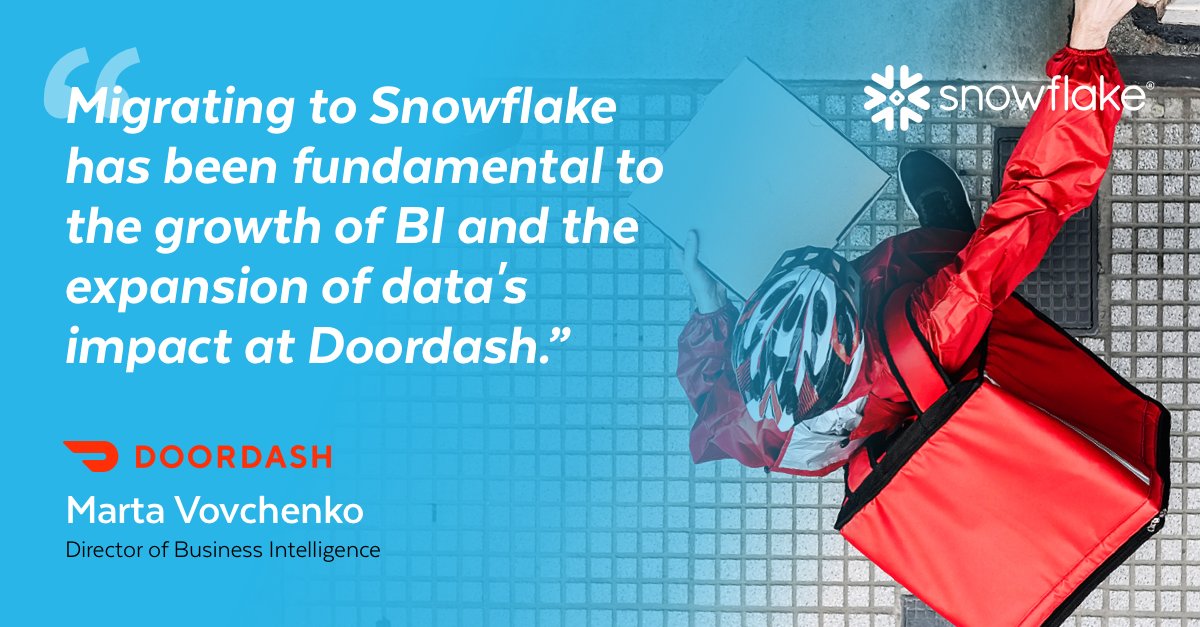 Snowflake's tweet photo. Hear how @DoorDash built complex machine learning algorithms through data science, and utilizes datasets from Snowflake Data Marketplace: https://t.co/X3aCO1MrZy #DataCloudSuccess https://t.co/HYmSz4sU3s