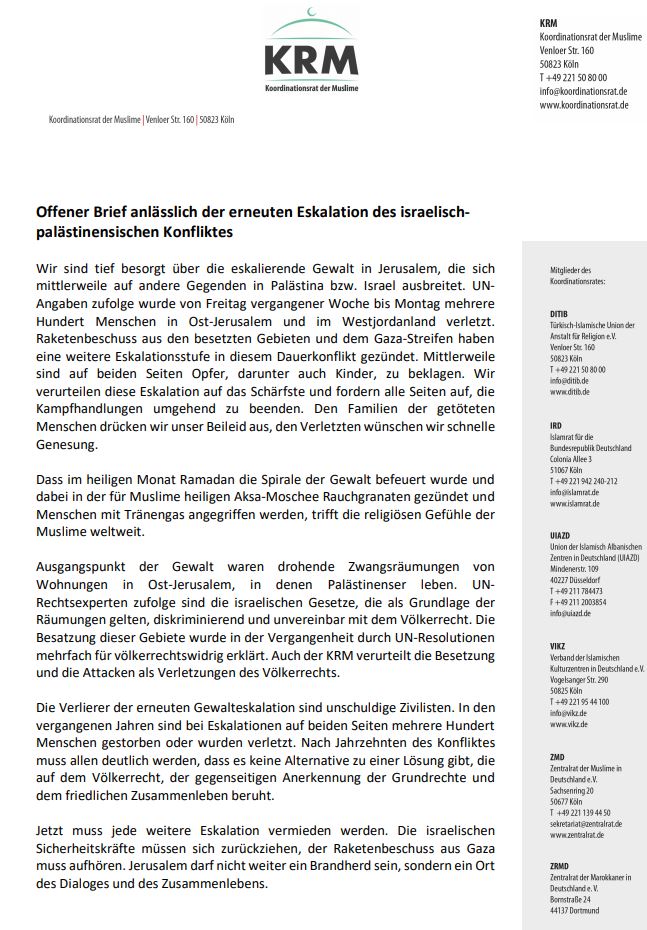 KRMuslime's tweet photo. Offener Brief des KRM anlässlich der erneuten Eskalation des israelisch-palästinensischen Konfliktes

https://t.co/qkyLhwLb0K https://t.co/YvdWZFYWsd