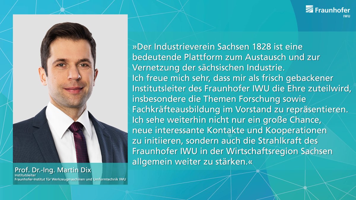 Fraunhofer_IWU's tweet photo. #IWUnews Mit seiner Expertise zu den Schwerpunktthemen #Forschung und #Fachkräfteausbildung engagiert sich unser Institutsleiter Prof. Dr.-Ing. Martin Dix zukünftig im Vorstand des Industrievereins Sachsen 1828 e.V. Sein Statement ⬇️
@Sachsen1828 
#Sachsen #Wirtschaft https://t.co/pj4yuxpFXr