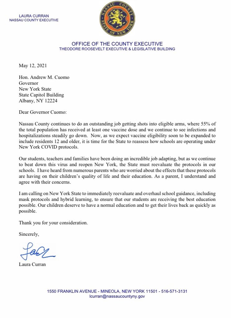 LauraCurran516's tweet photo. I’m calling on the State to immediately reevaluate school guidance as vaccinations increase and infections decrease. 

Our children deserve their lives back. 
 
READ: https://t.co/rLPVlhtKdJ