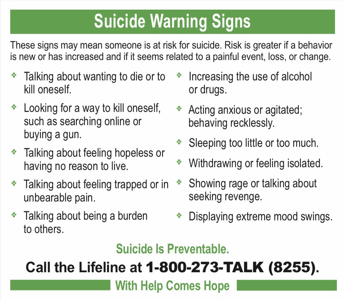 Mental Health Month reminder, use your resources and learn about the warning signs. Use these resources if necessary and learn about the warning signs from these graphics. #MentalHealthMatters