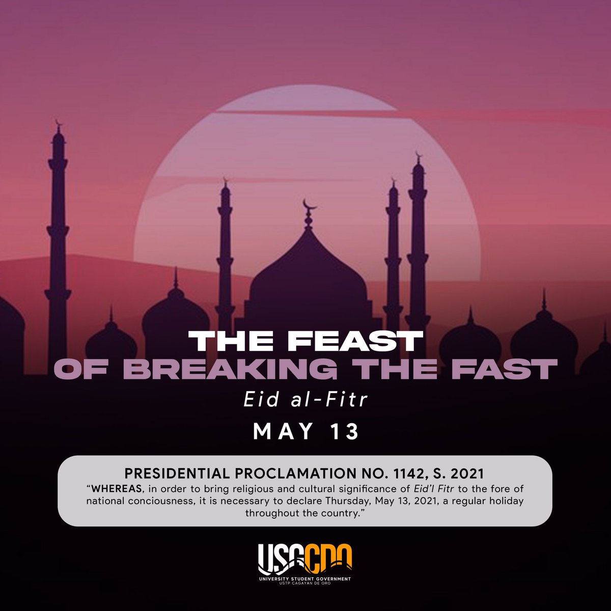 ustpusg's tweet photo. We wish you all a very happy and peaceful Eid al-Fitr!
Eid Mubarak, Trailblazers!🌙

#BugsayUSG #USTPTrailblazers https://t.co/yerivS56RT