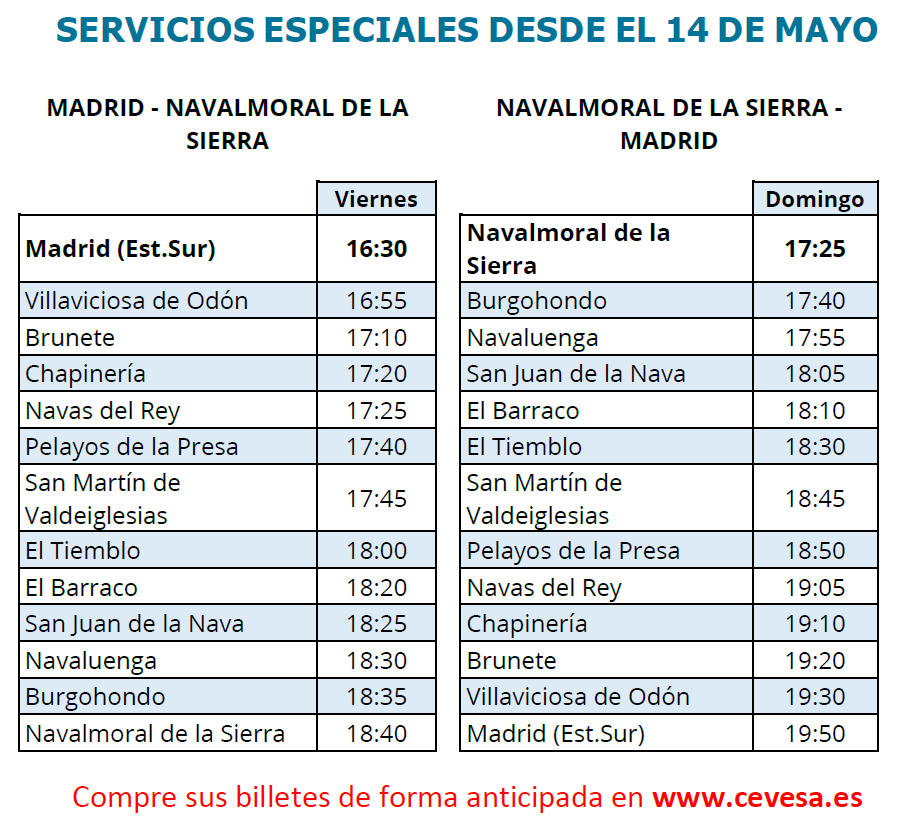 CEVESA_bus's tweet photo. Servicios especiales Madrid - Navalmoral de la Sierra desde el 14 de mayo, más información en https://t.co/8XNUNJ5psd. https://t.co/C8VRk96SVJ