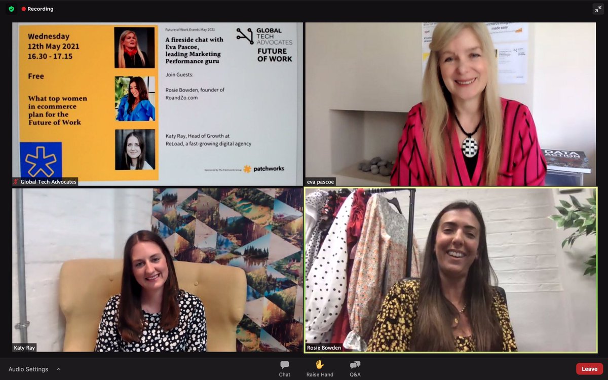 Loving the discussion about launching and pivoting business during lockdown, flexible working, sustainability and favourite end of day tipples... 😀 RoAndZo.com #inspiring leaders <a href="/TechLondonAdv/">Tech London Advocates</a>