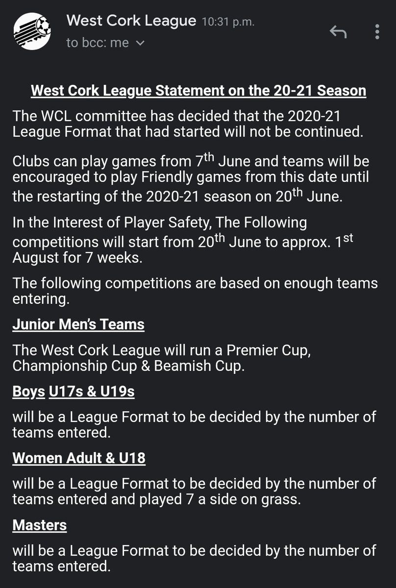 Ger McCarthy (@germccarthy74) on Twitter photo Statement from the <a href="/westcorkleague/">⚽West Cork League</a>
⚽ 2020-21 season discontinued
⚽ Friendlies can go ahead from June 7th
⚽ June 20th the date for summer tournaments until Aug 1st
⚽ All tournaments subject to change depending on number of entries
⚽Online WCL club meeeting on May 18th Statement from the <a href="/westcorkleague/">⚽West Cork League</a>
⚽ 2020-21 season discontinued
⚽ Friendlies can go ahead from June 7th
⚽ June 20th the date for summer tournaments until Aug 1st
⚽ All tournaments subject to change depending on number of entries
⚽Online WCL club meeeting on May 18th