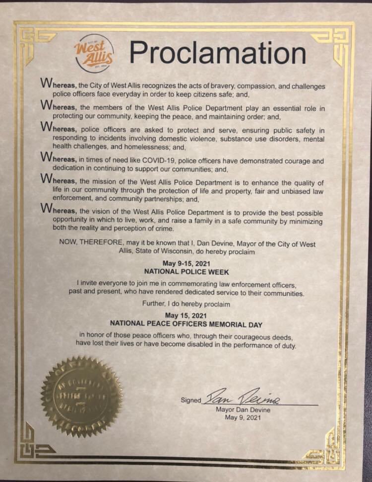 I stopped at the WAPD to present this proclamation for National Police Week and National Peace Officers Memorial Day. 
We appreciate WAPD keeping us safe. We also recognize their acts of bravery, compassion, and the challenges they face every day. #NationalPoliceWeek2021