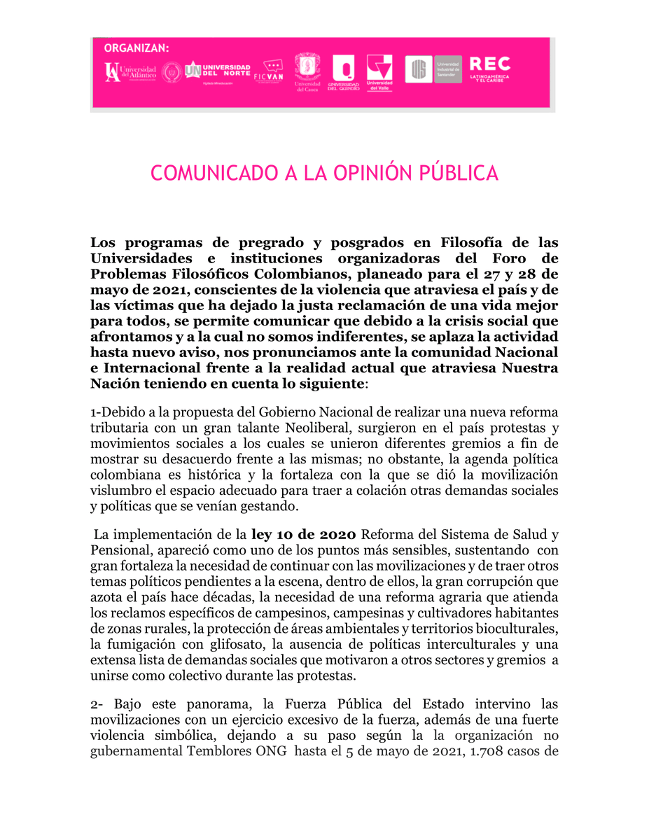 asoficvan's tweet photo. #FPFC | #FilosofíaQueCreaRegión
Comunicado a la opinión pública
Comité Organizador del Foro Problemas Filosóficos Colombianos (FPFC)
Ref. Aplazamiento del Foro por actual contexto

Enlace al documento completo:
https://t.co/xardfGzHsx https://t.co/Z6uaEpyoWA
