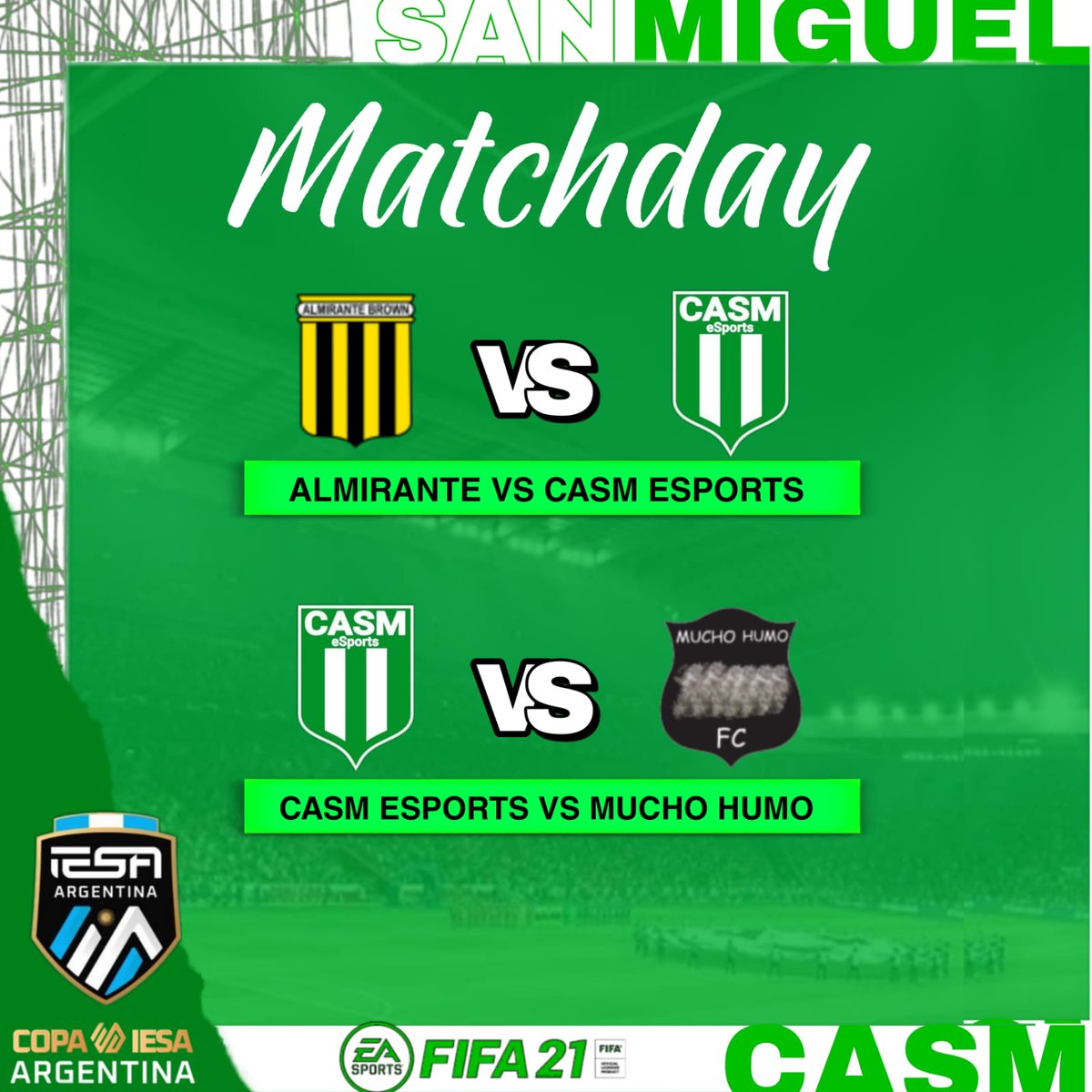 A levantar!
Ultimas fechas de Copa Argentina.
 
⚽️ ANTEULTIMA FECHA
🆚️ <a href="/almirante_sport/">Almirante Brown eSports</a>
♾ 23.00

⚽️ ULTIMA FECHA
🆚️ @MuchoHumoFC
♾ 23.30

#VAMOSCASM💚