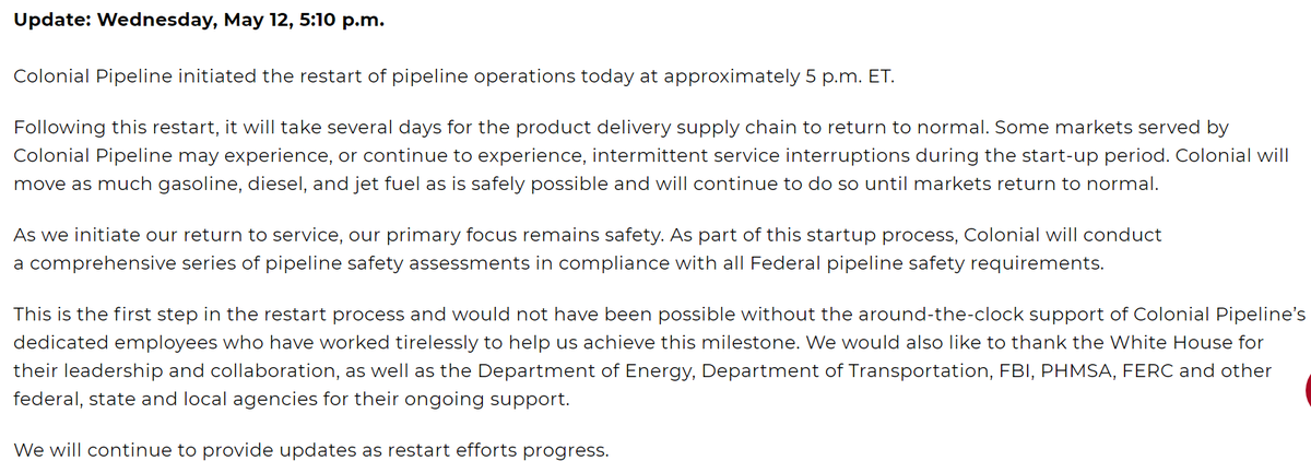 MikeStolp_'s tweet image. New from Colonial Pipeline:

"Colonial Pipeline initiated the restart of pipeline operations today at approximately 5 p.m. ET."