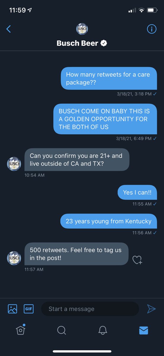 Twitter help a brother out. Need this care package before summer!! Let’s get to 500 retweets😈 <a href="/BuschBeer/">Busch Beer</a> #Busch #beer