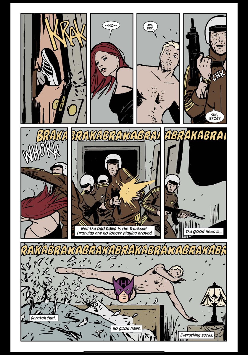 AgentM's tweet photo. Rereading Hawkeye by @mattfraction, @davaja, Javier Pulido, @MDHollingsworth, &amp; crew for a #MarvelsPullList Reading Club with @jowrotethis. Forgot how damn much I love this run. #thislooksbad https://t.co/uoU96WZC2f