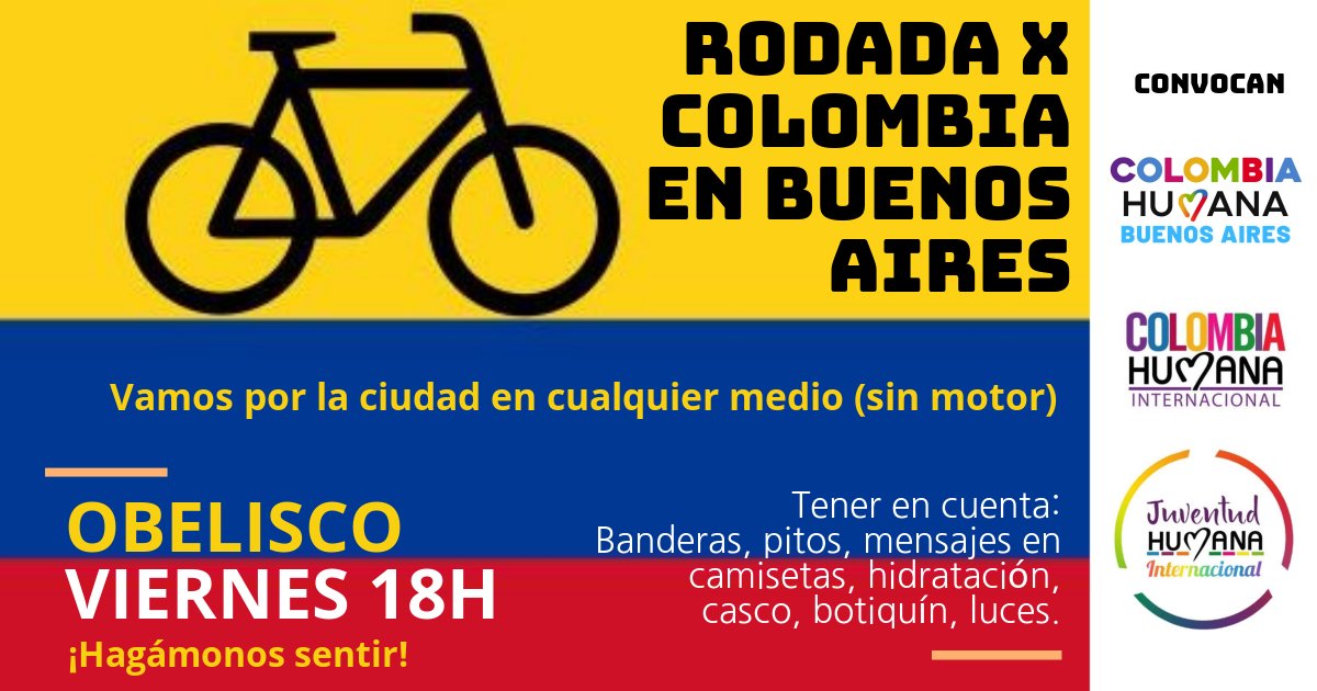 bicivilizados's tweet photo. Rodada x Colombia en Buenos Aires.
En el Obelisco este viernes a las 18 hs. @ColombiaHumana_ 

Por la ciudad en cualquier medio (sin motor) https://t.co/h9je3zxmdT
