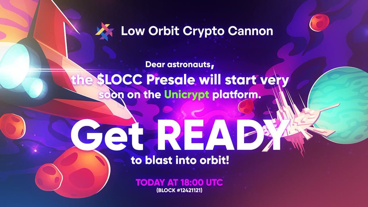 loworbit_crypto's tweet photo. The $LOCC Presale is starting in few minutes 🔥🚀💎!
Dear astronauts, the ✅ KYC $LOCC Presale will start in few minutes 18:00 UTC (Block #12421121) on the 🦄 Unicrypt platform.

➡️ ➡️ ➡️ Click HERE TO PARTICIPATE in the Presale:
https://t.co/wdBfGPZNY1

💥 Get READY to ORBIT! 💥 https://t.co/JUybThHPad