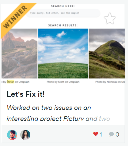 RavishaSharma13's tweet photo. Woah! Open-Source Week winners!
Thanks, @ Devesh Pavar! You are a great teammate!
DevPost Link: https://t.co/sOB7jUl7mF
#TopContributions #OpenSource #MLH @MLHacks https://t.co/J27tIKkPur