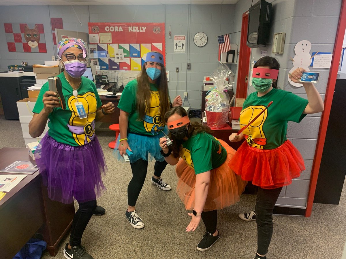 Dysfunctional Ninja Turtles at best, but I wouldn't pick another Student Support Team to work with!!! Good thing we are only turtles during Spirit Week 🤣🐢 <a href="/deskofMsWood/">Katie Wood</a> <a href="/LouiseGedeo/">Louise Gedeo</a> <a href="/CKelemPrincipal/">Cora Kelly Principal</a> <a href="/CKELEM/">Cora Kelly</a>