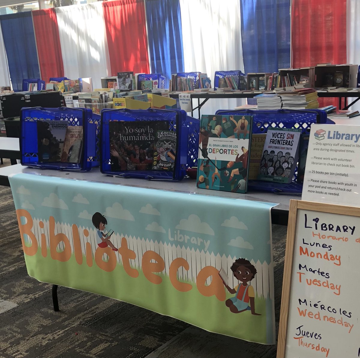 SDLiteracy's tweet image. The Children’s Initiative has created a Spanish language library inside the San Diego Convention Center to serve all the unaccompanied migrant children and youth currently being sheltered there. For more information, please contact Kristin at kshea@theci.org .