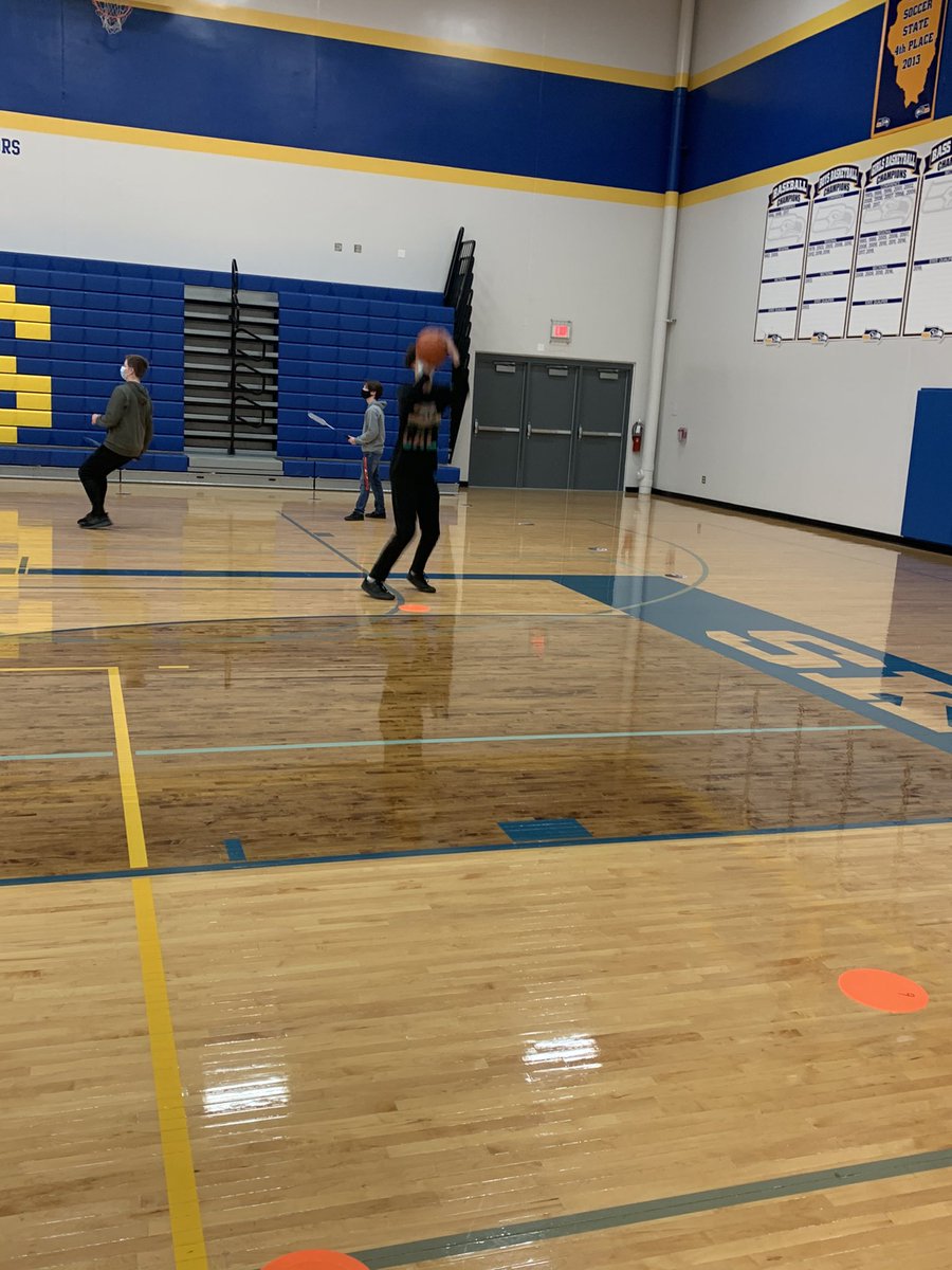 JohnsburgPE's tweet photo. Basketball Skills Challenge Part II: Johnsburg Varsity Boys game vs RB first 10 shots made mapped out on the floor. #JohnsburgPE https://t.co/wrNYBewfTn