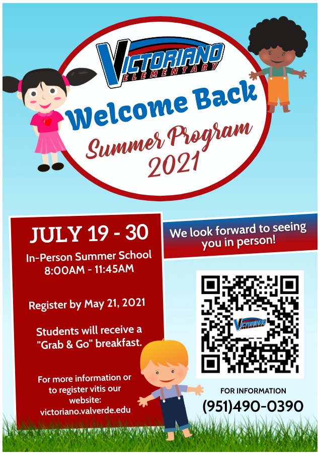 Victoriano Elementary is excited to offer your scholar an opportunity to participate in our “Welcome Back” summer program. We look forward to seeing our scholars in-person! Click on the link below to register by May 21st and reserve your spot!
forms.gle/33wauQWk28fzUk…