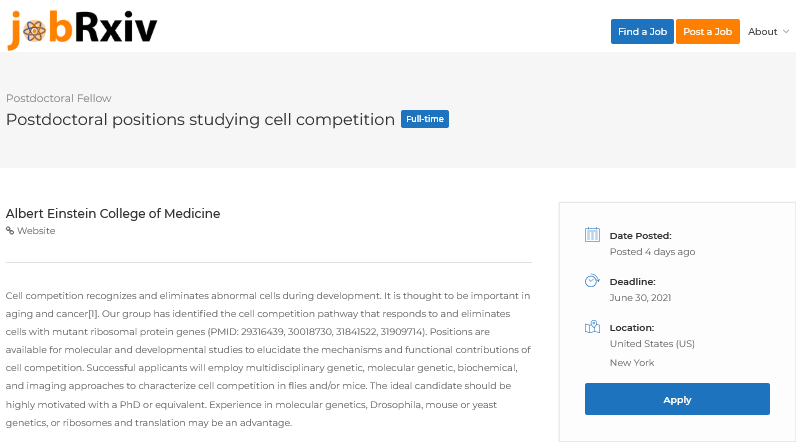 Postdoctoral positions studying cell competition

Albert Einstein College of Medicine (@EinsteinMed) New York, USA

https://t.co/f36VMYElZp

#ScienceJobs https://t.co/PJCDy0YD7r