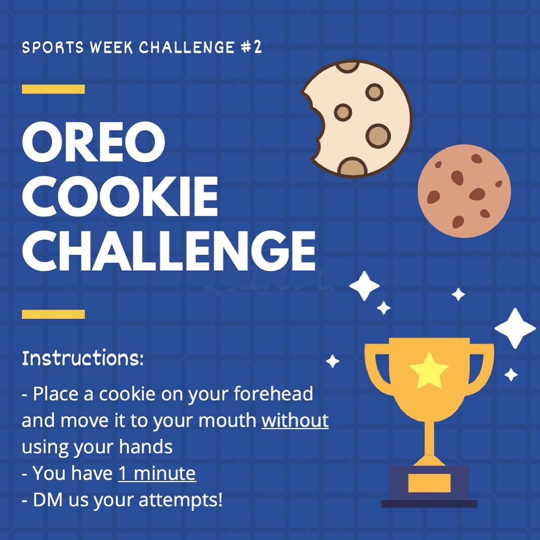 Hey lions! Day 3 of sports week is here! Challenge #2 is the Oreo cookie challenge! Be sure to check out our Instagram for some council members attempts! We’d love to see your participation! Send your video attempts to our Instagram or ki395220@wellingtoncdsb.ca <a href="/lionsnewstoday/">St. James CHS</a>