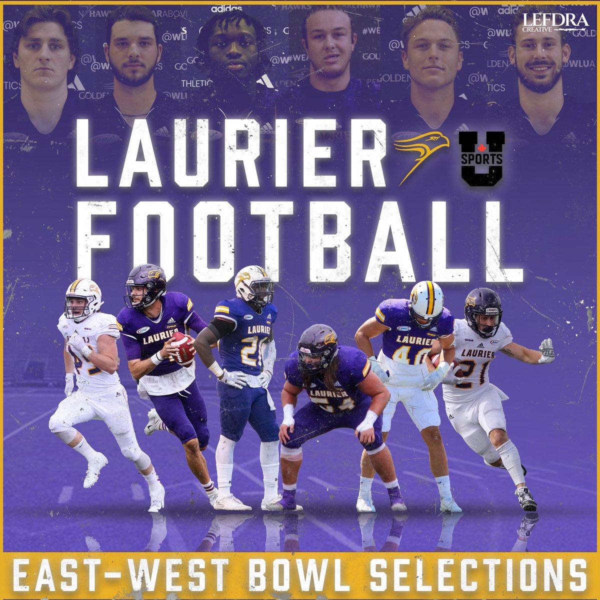 Not 1️⃣, Not 2️⃣, Not 3️⃣, Not 4️⃣, Not 5️⃣ but 6️⃣! 

That’s right, 6️⃣ players from Laurier 🏈 have been chosen for this years East-West rosters! Due to COVID-19, there won’t be an in-person game but these rosters promote the 2022 CFL Draft Class! 

And the players recognized are...